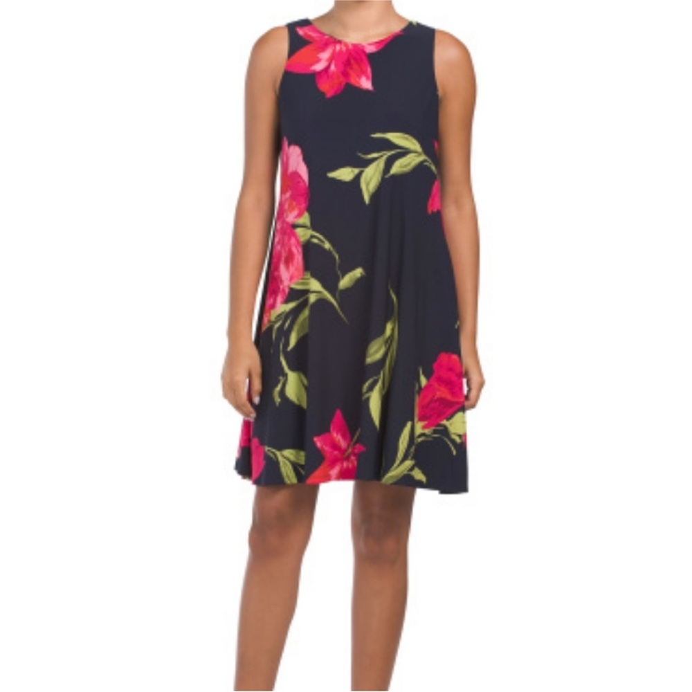 Ladies Anne Klein‎ Gwen Watercolor Bloom Swing Dress In Navy Fuchsia Size 6